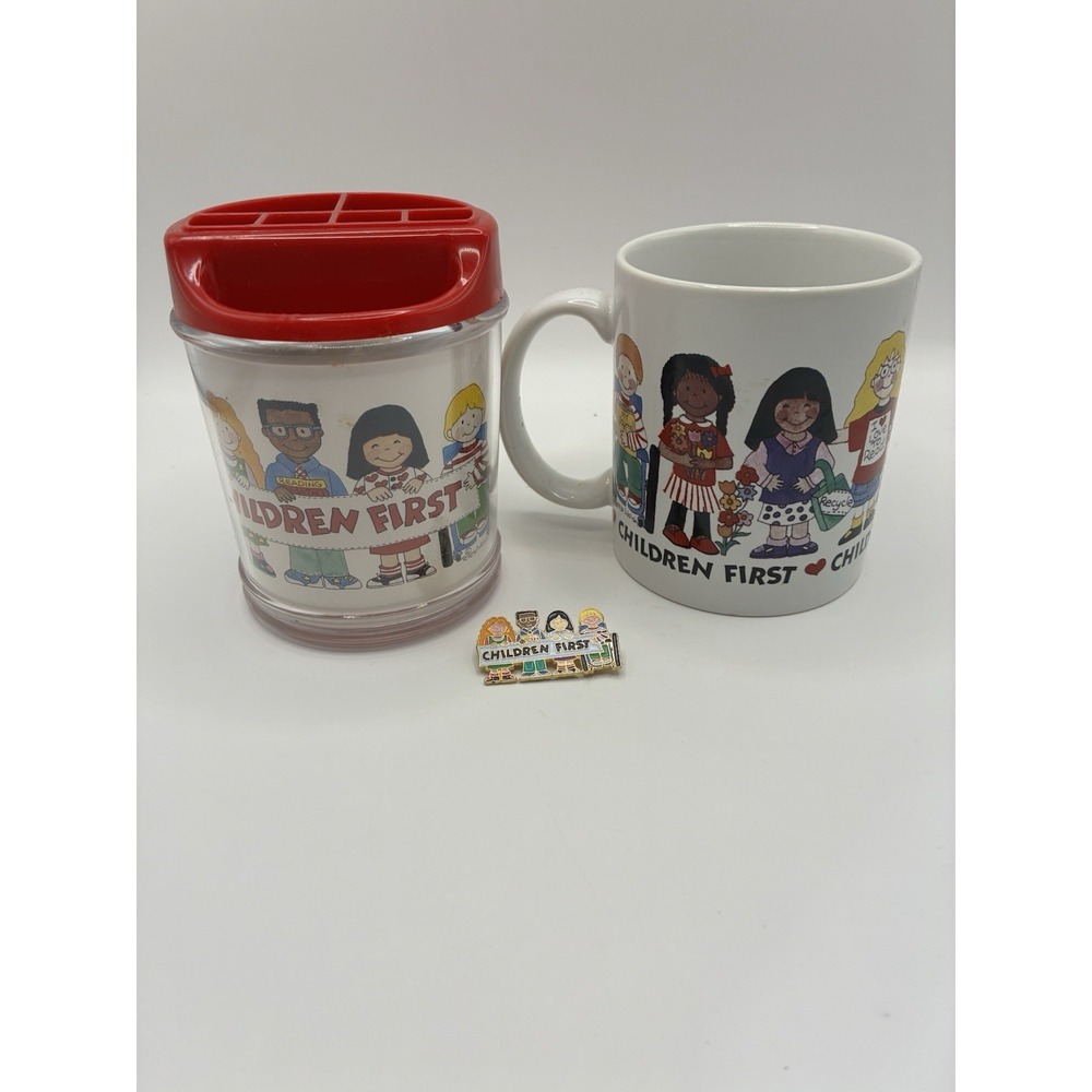Vintage Children First Coffee Mug Pencil Holder & Pin